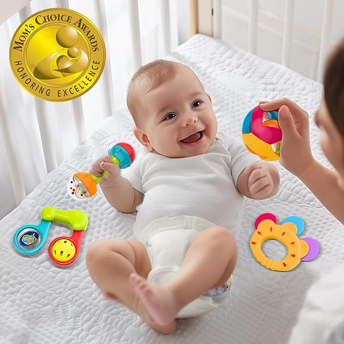 iPlay, iLearn 10pcs Baby Rattles Toys Set, Infant Grab Shake Rattle, Easy Hold Sensory Teether, Babies Development Learning Music Toy, Newborn Shower Birthday Gift 1 2 3 4 5 6 7 9 10 12 Month Boy Girl-BubblyBeeBaby