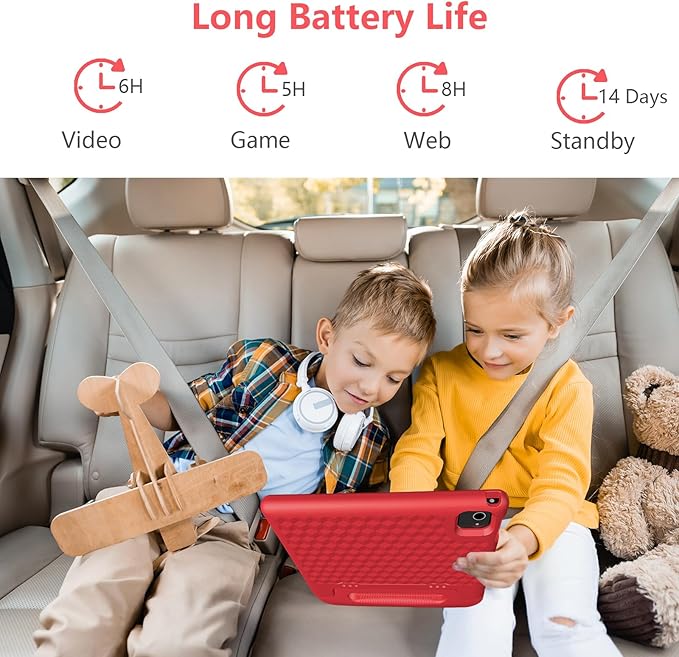 JREN Tablet for Kids｜10 Inch Kids Tablet Android 14｜Octa-core｜64GB｜WiFi ｜Bluetooth｜Parental Control｜Children Content｜Children Toddler Red-BubblyBeeBaby