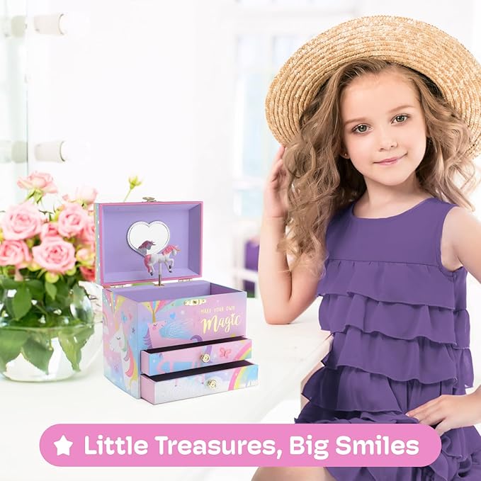 Jewelkeeper Unicorn Musical Jewelry Box for Girls - Cotton Candy Unicorn Design Music Box with 2 Pullout Drawers to Store Earrings, Necklace and Bracelets, Plays The Beautiful Dreamer Tune-BubblyBeeBaby