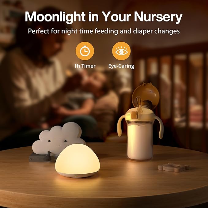 JolyWell Baby Night Light for Nursery, Soft Silicone Tap Control Night Lamp with 8 Color Changing, Stepless Dimming, Rechargeable Portable Night Light for Kids, 1H-Timer, Warm Light for Breastfeeding-BubblyBeeBaby