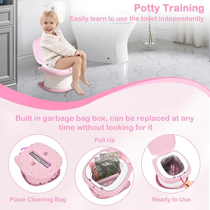 2025 Upgraded Portable Potty Training, Travel Potty for Toddler, portable toilet for kids Foldable, Apply to Seat Emergency Toilet for Camping, Outdoor,Car, Indoor(Pink)-BubblyBeeBaby
