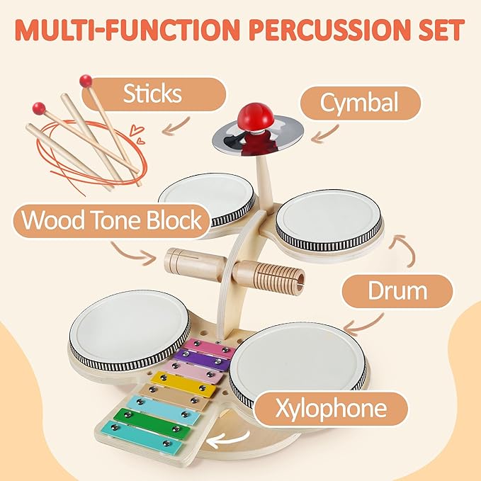 iPlay, iLearn Toddler Wooden Drum Set, Kids Musical Instruments Toy, 8 in 1 Percussion Drum Kit W/Xylophone Cymbal, Baby Montessori Learning Birthday Gifts for 18 Month, 2 3 4 5 6 Year Old Boy Girl-BubblyBeeBaby