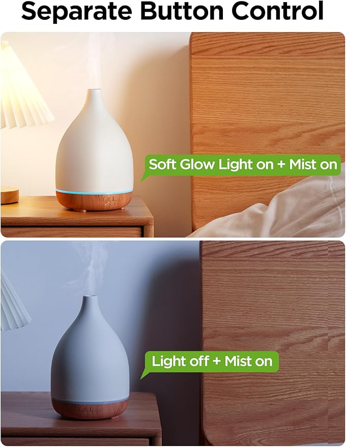 InnoGear Oil Diffuser, 300ML Ceramic Diffuser for Essential Oils Handcrafted Aromatherapy Diffuser Ultrasonic Cool Mist Humidifier with 4 Timers Waterless Auto Off for Room Office, White-BubblyBeeBaby