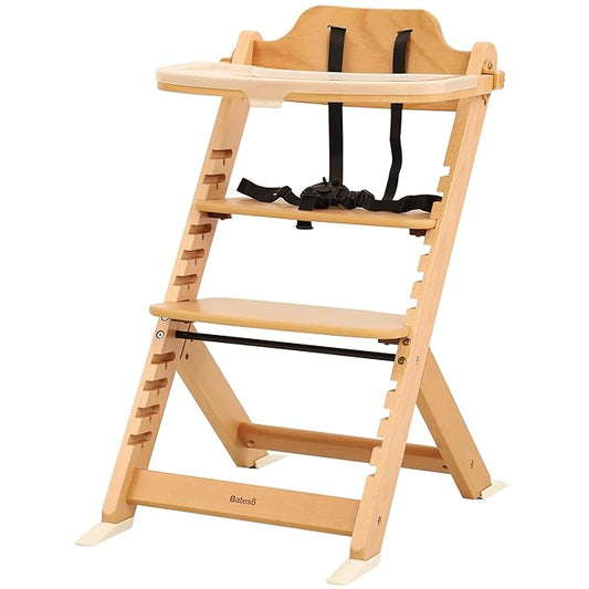High Chair for Babies and Toddlers, Wooden Highchair with Adjustable Seat & Convertible Footrest Heights, Baby Feeding Chair with Safety Harness & Removable Double Layer Tray-BubblyBeeBaby