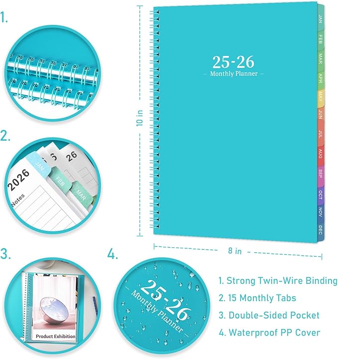 2026 Monthly Planner - JUL 2025 - DEC 2026, Academic Planner 2026, 18 Monthly Calendar with Colorful Tabs, Waterproof Cover (Blue, 8" x10", Notes)-BubblyBeeBaby