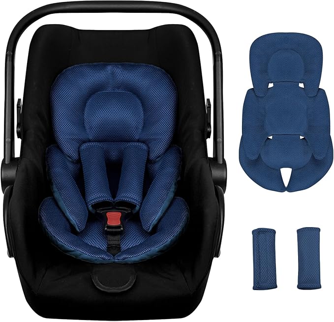 Infant Car Seat Insert for Newborn Girls Boys, Summer Mesh Baby Carseat Head Support with Strap Pads, Soft Reversible Baby Car Seat Insert Cushion Pad for Car Seat, Stroller, Bouncer, Swing, Blue-BubblyBeeBaby