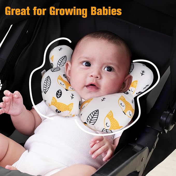 KAKIBLIN Baby Neck Pillow, Upgraded Baby Support Pillow for Head and Neck, Babies Head Pillow for Car Seat,Pushchair,Travel(Yellow Fox)-BubblyBeeBaby