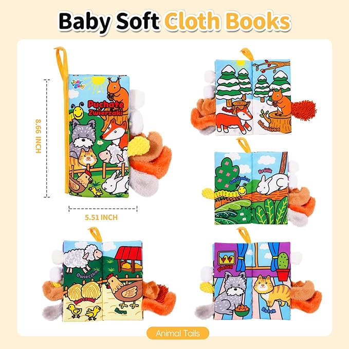 Jollybaby Baby Cloth Books, Touch & Feel Crinkle Soft Books, for Infants Babies, Toddler Early Educational Interactive Stroller Toys, Baby Girl & Boy Gift(Plush Tails)-BubblyBeeBaby
