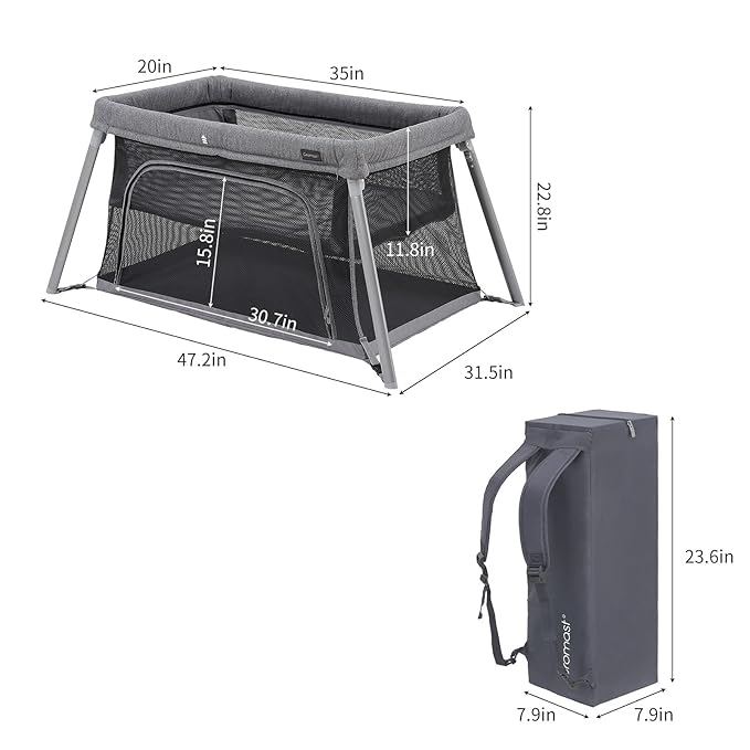 2 in 1 Portable Travel Crib for Toddler, Foldable Crib for Baby, Lightweight Playpen Collapsible Playard with Soft Mattress, Easy to Carry Baby Travel Bed for Outdoor, Indoor (Grey)-BubblyBeeBaby