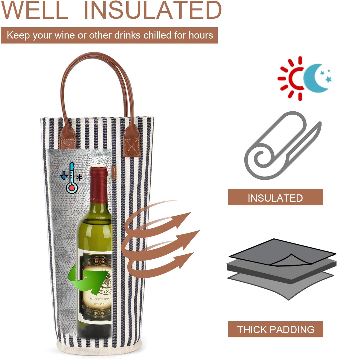 ZORMY Single Bottle Insulated Wine Tote, 1 Bottle Wine Carrier Bag Padded Wine Cooler Perfect Wine Lover's or Wedding Gift-Stripe (Srtipe)