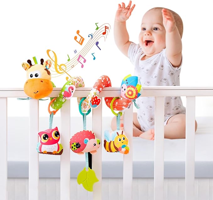 Jollybaby Crib Stroller Car Seat Toys for Baby 0-3-6-9-12 Months, Tummy Time Hanging Sensory Toys for Newborn with Music Box and Teether, Spiral Carseat Toy for Infant Boys Girls Gifts (Yellow)-BubblyBeeBaby