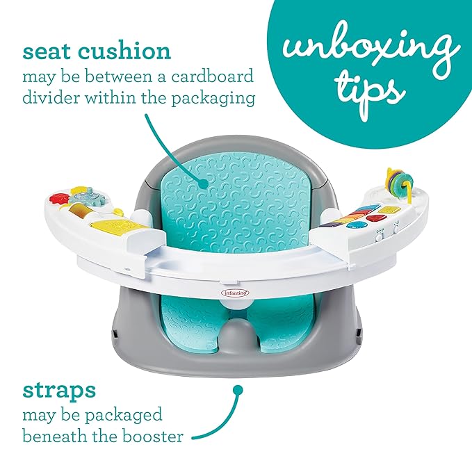 Infantino Music & Lights 3-in-1 Discovery Seat & Booster, Toddler Booster Seat for Dining Table or Kitchen Chair, Baby Activity Center & Snack Tray, Teal-BubblyBeeBaby
