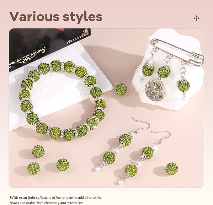 160pcs 10mm Rhinestone Beads for Jewelry Making, Olivine Shiny Round Disco Ball Beads Bulk, Sparkle Crystal Clay Christmas for Bracelet Baseball Necklace Earring Crafting and DIY-BubblyBeeBaby