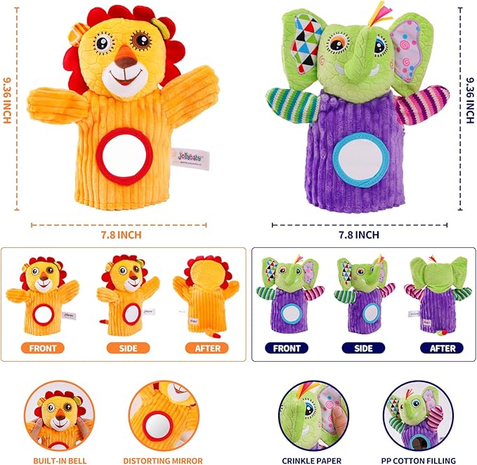 Jollybaby Hand Puppets Baby Toy 0-6-12 Months, Plush Stuffed Animal Hand Puppets Toys for Kids，Sensory Doll with Rattle and Mirror for Toddler，Social Emotional Play Therapy Toys for Boy Girl Gift-BubblyBeeBaby