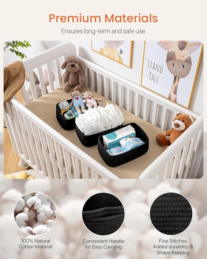 KALLAX Small Woven Basket, 12 x 8 x 4.5 Inches, Storage Basket for Organizing, Cute Small Rope Shelf Closet Cube Storage Bins Baskets for Shelves, Dog Toy Gift Baskets Empty, 3 Packs, Black-BubblyBeeBaby