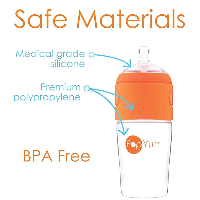 PopYum 9 oz Orange Anti-Colic Formula Making/Mixing/Dispenser Baby Bottles, 2-Pack with #2 Medium Flow Nipples, 260 ml, BPA-Free, Natural Latch-BubblyBeeBaby