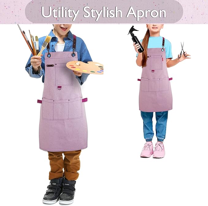 Kids Art Aprons for Painting, Gardening, Cooking, Multiple Pockets, Kids Smock for Boys & Girls, Waterproof (Age6-12)-BubblyBeeBaby