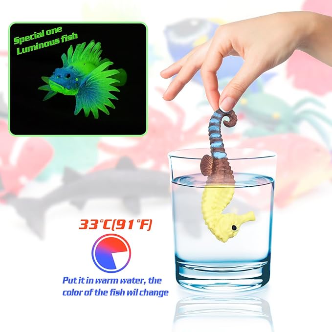 10 Pcs Fish Animal Figure Bath Toys, Sea Animal Color Changing Toys, Sea Creatures for Kids 3 Years and up, for Themed Parties, Cake Topper, Kids Easter Basket-BubblyBeeBaby