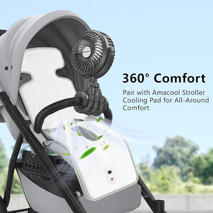 AMACOOL Battery Operated Stroller Fan Flexible Tripod Clip On Fan with 3 Speeds and Rotatable Handheld Personal Fans for Car Seat Crib Bike Treadmill (Black)-BubblyBeeBaby