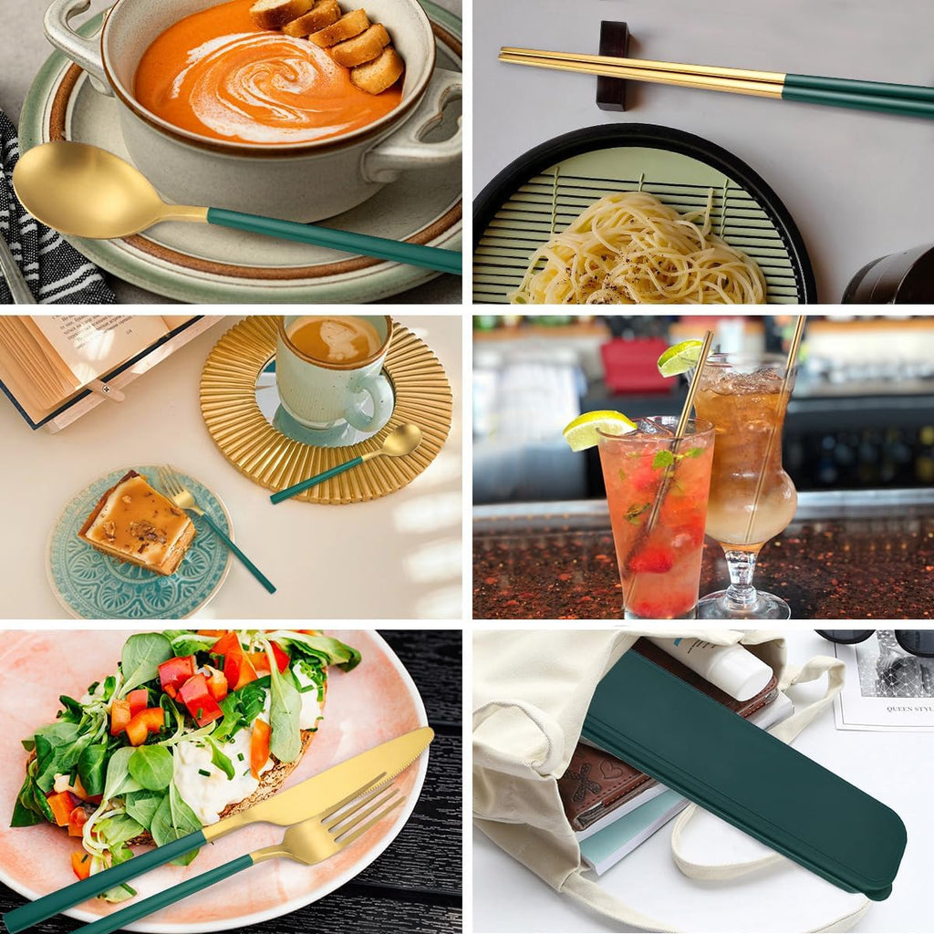AARAINBOW 6 Pieces Stainless Steel Flatware Set Portable Reusable Cutlery Set Travel Utensils Set Including Chopsticks Knife Fork Spoon Straws Cleaning Brush Dishwasher Safe (B-Green golden)