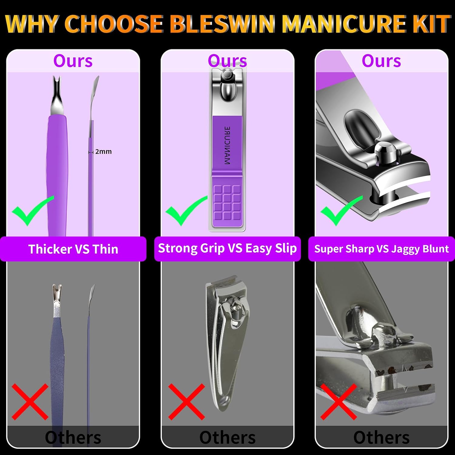 Manicure Set 16Pcs Professional Stainless Steel Pedicure Kit Mens Grooming Kit Fingernail & Toenail Clippers Set Manicure Kit with Luxurious Travel Bag, Sharp Nail Scissors and Clipper (Purple)