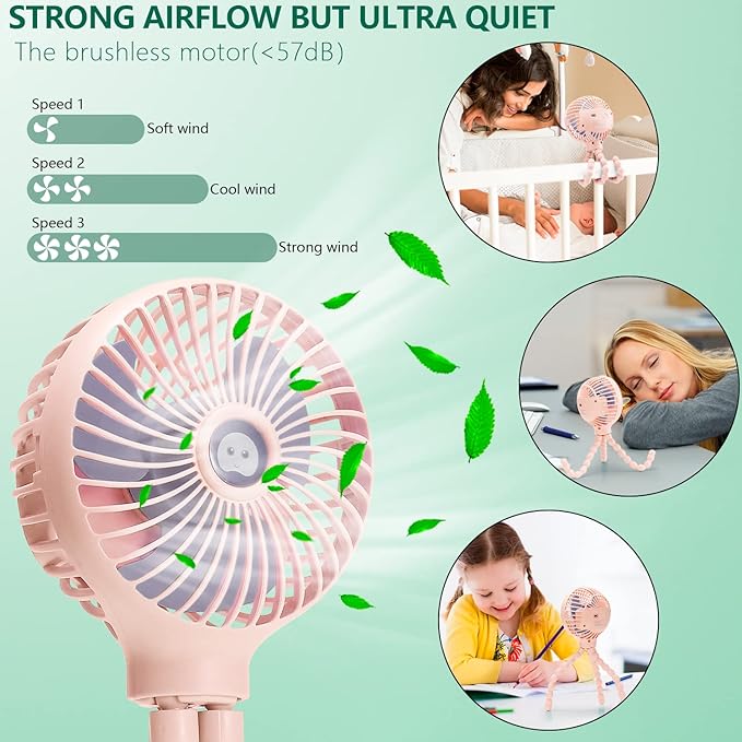 snawowo Mini Handheld Personal Portable Fan, Baby Stroller Fan, Car Seat USB or Battery Powered, with Flexible Tripod Clip on Student Bed Desk Bike Crib Treadmill Camping Traveling(Pink)-BubblyBeeBaby