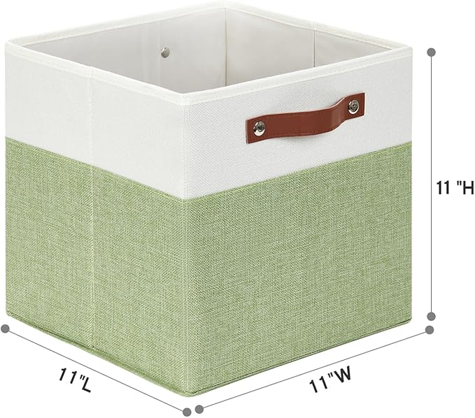 HNZIGE Fabric 11x11 Cube Storage Bins, Set of 4, Foldable Storage Cube Bin Baskets for Shelves with Handles, Bins for Cube Organizer Home Toy Nursery Closet(Green White)-BubblyBeeBaby
