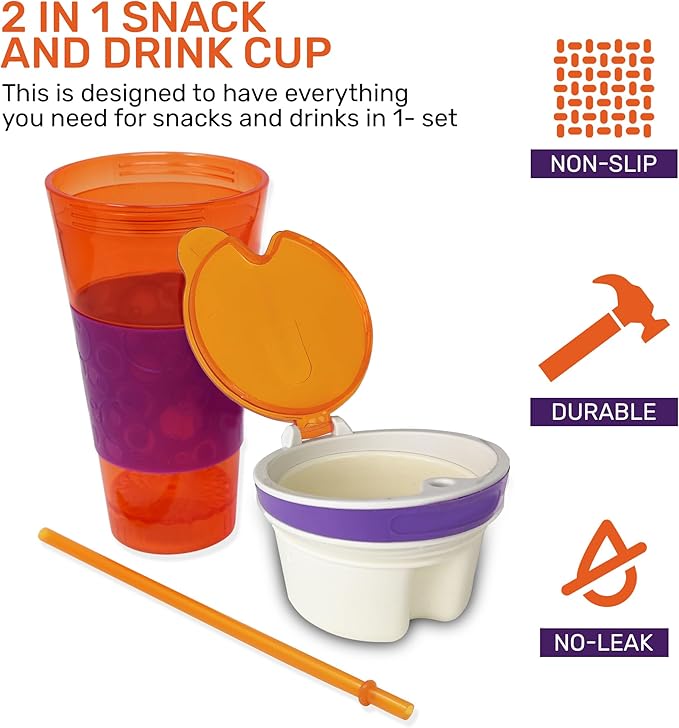 2 in 1 Snack Drink Cup Kids Spill Proof Tumbler Plastic Straw Lid Locks 16 Oz-BubblyBeeBaby