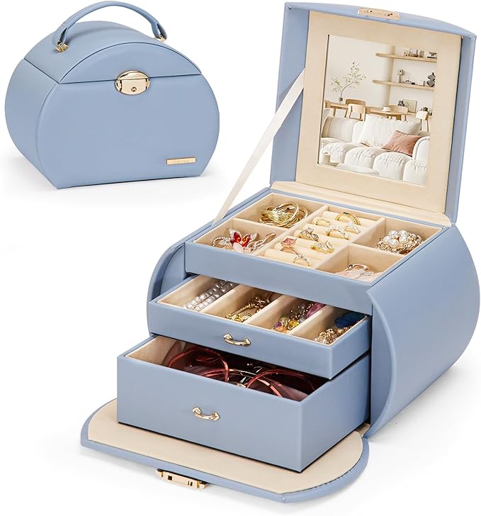 Homde Girls Jewelry Box Jewelry Storage Case Organizer Faux Leather with Mirror for Rings, Earrings, Bracelets, Necklaces (Grey Blue)-BubblyBeeBaby