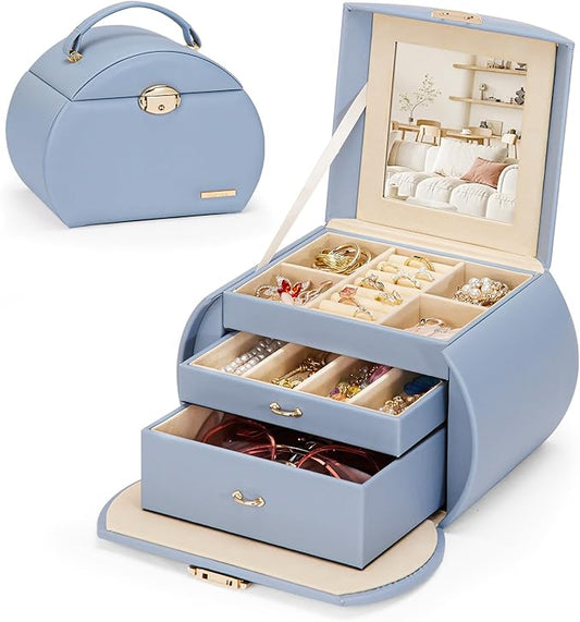 Homde Girls Jewelry Box Jewelry Storage Case Organizer Faux Leather with Mirror for Rings, Earrings, Bracelets, Necklaces (Grey Blue)-BubblyBeeBaby