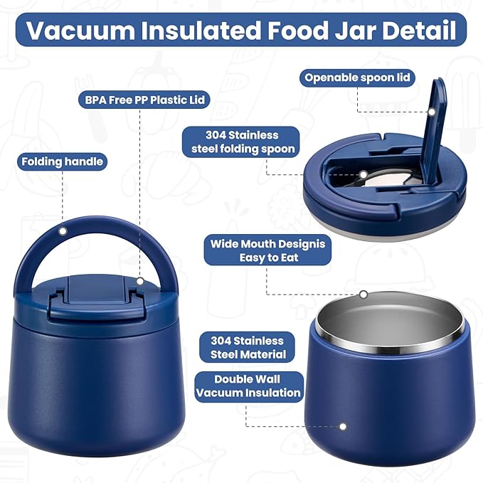 14oz Insulated Vacuum Food Jar with Buckle Lid,Soup Thermo for Hot Food Kids,Wide Mouth Leakproof Stainless Steel Lunch Container with Spoon-Blue-BubblyBeeBaby