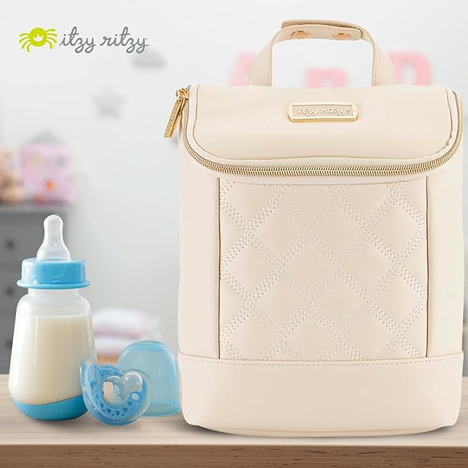 Itzy Ritzy Insulated Bottle Bag – Keeps Bottles Warm or Cool - Holds 3 Bottles & Features Interior Pocket for Ice Pack (Not Included), Milk & Honey-BubblyBeeBaby