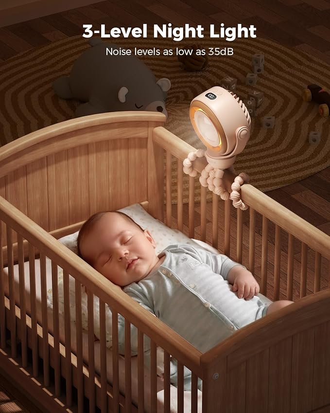 SWEETFULL Baby Stroller Fan - 4000mAh Rechargeable 4-Speed Quiet with LED Display & Night Light, Mini Portable 360° Clip On Safe Fan for Car Seat, Crib, Travel - Brown-BubblyBeeBaby