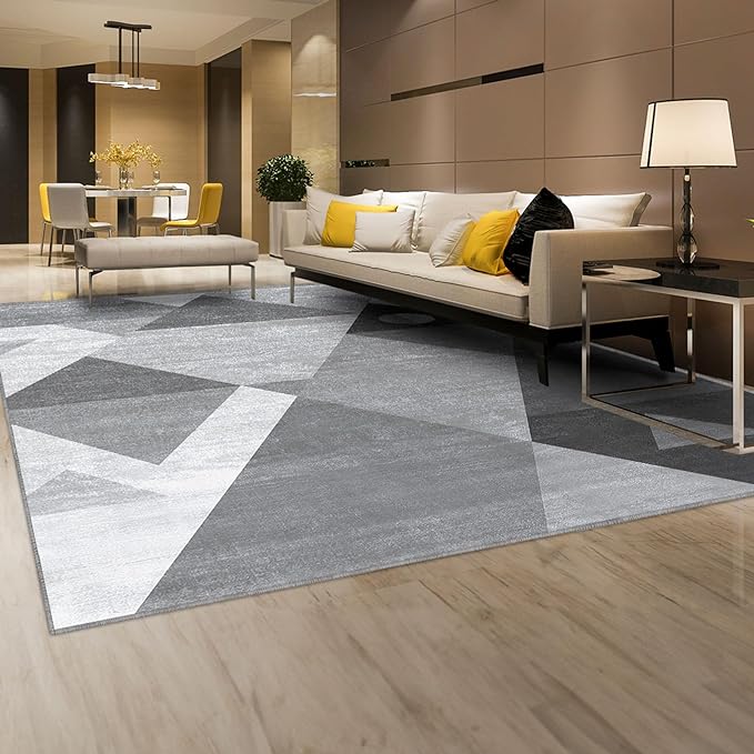 HOMFINE Washable Modern Area Rug - Geometric Style 9x12 Rugs for Living Room, Bedroom, Machine Washable Rug Soft Non Slip Non Shedding Area Rug - Grey, 9'x12'-BubblyBeeBaby