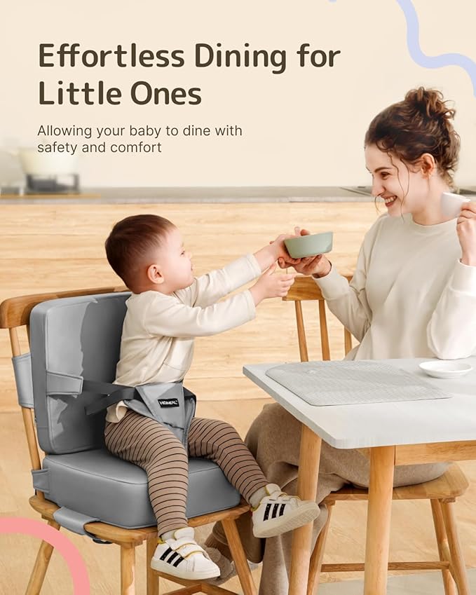HOMEAL Toddler Booster Seat for Dining Table with Backrest and Adjustable Straps, Breathable Booster Seat for Kitchen Chair, Portable Non-Slip Bottom Booster Seat for Table, Light Grey-BubblyBeeBaby