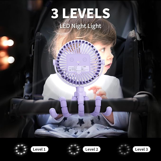 AMACOOL Battery Operated Stroller Fan Flexible Tripod Clip On Fan with 3 Speeds and Rotatable Handheld Personal Fans for Car Seat Crib Bike Treadmill (Purple)-BubblyBeeBaby