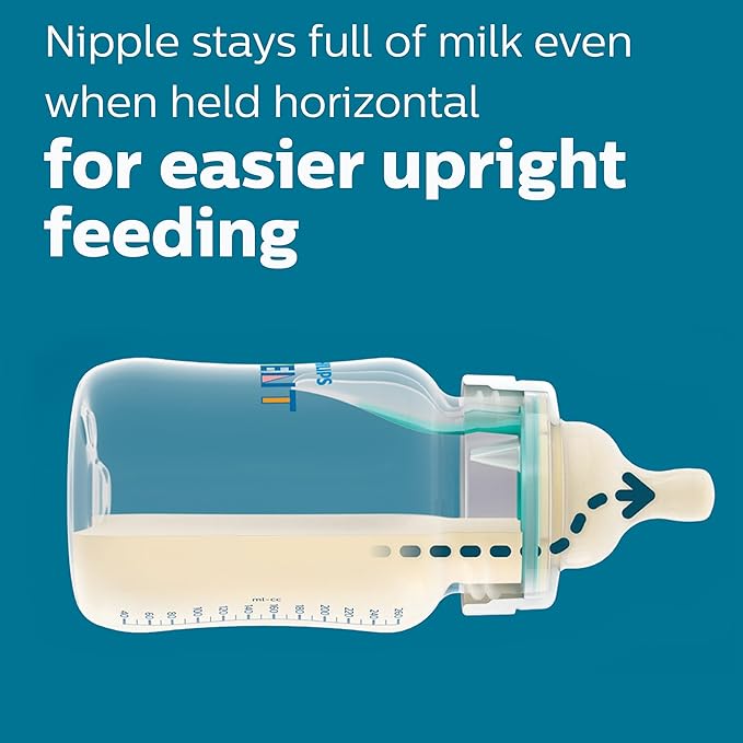 Philips Avent Anti-Colic Baby Bottle with AirFree Vent, 9oz, with Flow 2 Nipples, 1m+, 4pk, Clear, SCY703/04-BubblyBeeBaby