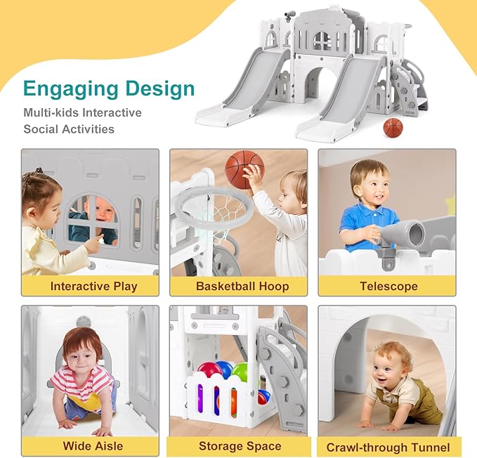 JOYLDIAS 9 in 1 Toddler Slide, Toddler Playground with Double Slides, Climber,Basketball Hoop,Tunnel, Telescope, Storage Space and Non-Slip Step, Indoor Outdoor Backyard Playset for Toddlers Age 1-3+-BubblyBeeBaby