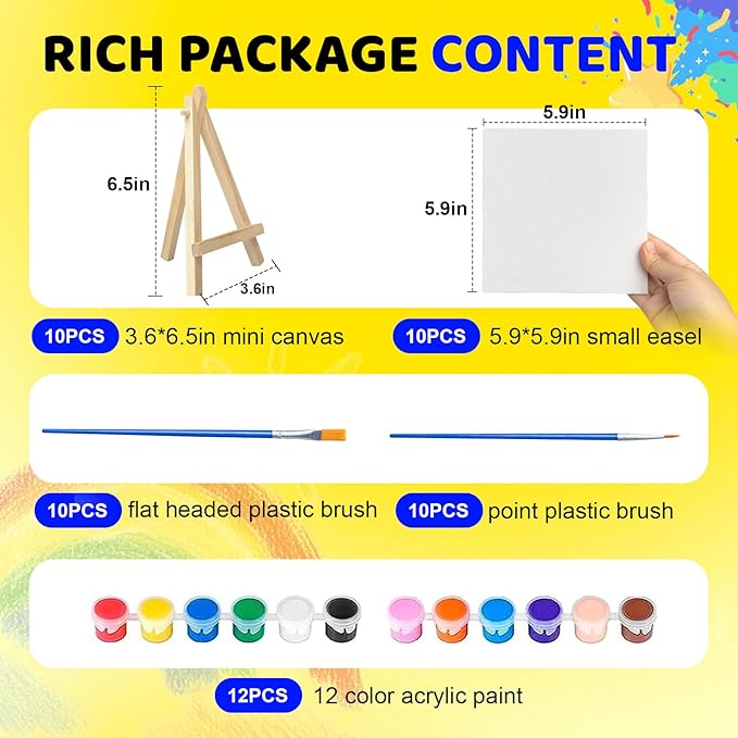 10 Set Mini Acrylic Paint Kit, 5.9In Canvas Boards for Painting with 6.5" Easel, Acrylic Paint Strips, Painting Brushes, Mini Canvas and Easel Set for Kids Artists Beginner Gift Party (160)-BubblyBeeBaby