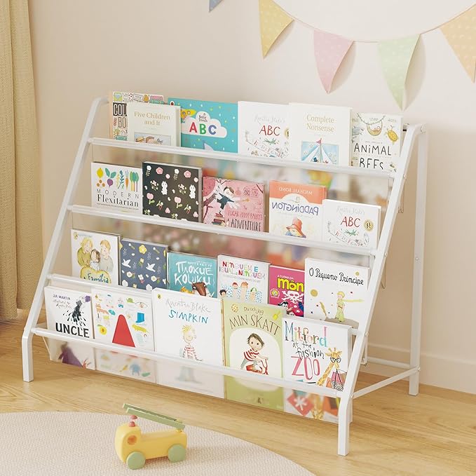 High-Transparent 4 Tier Kids Bookshelf, Sturdy Metal Large Size Book Rack Storage for Kids - Toddler Book Shelf Display for Nurasery, Kids Room, Deep Size Bookshelf Hold More Books-BubblyBeeBaby