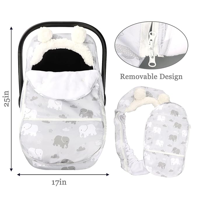 Carseat Cover Boys, Winter Cozy & Warm Cover, Elephant Baby Car Seat Cover, Infant Car Seat Canopy, Ultra-Soft Breathable Protect Baby from Cold Wind, Zipped Removable Design-BubblyBeeBaby