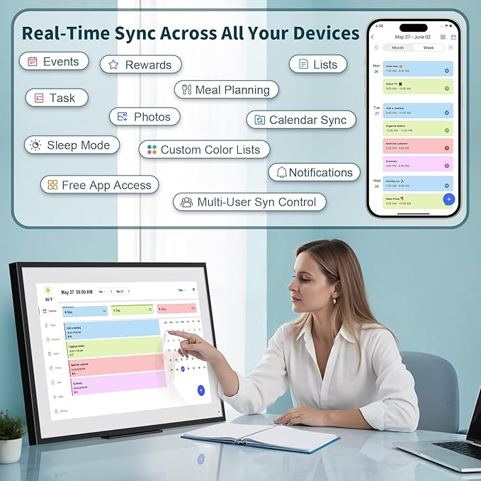 21.5 Inch Digital Calendar, WiFi Smart Electronic Calendar & Chore Chart, 1920 * 1080 IPS Touch Screen HD Display for Family Schedules, Streamline Household Organization, Wall Mount Included-BubblyBeeBaby
