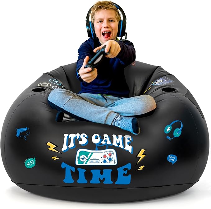 Inflatable Gaming Chair for Kids, Floor Bean Bag Chair for Teens - Boys Room Furniture with Cup Holder and Side Pocket, Inflatable Gaming Couch for Boys Room, Cool Kids Blow Up Couch Decor for Teens-BubblyBeeBaby