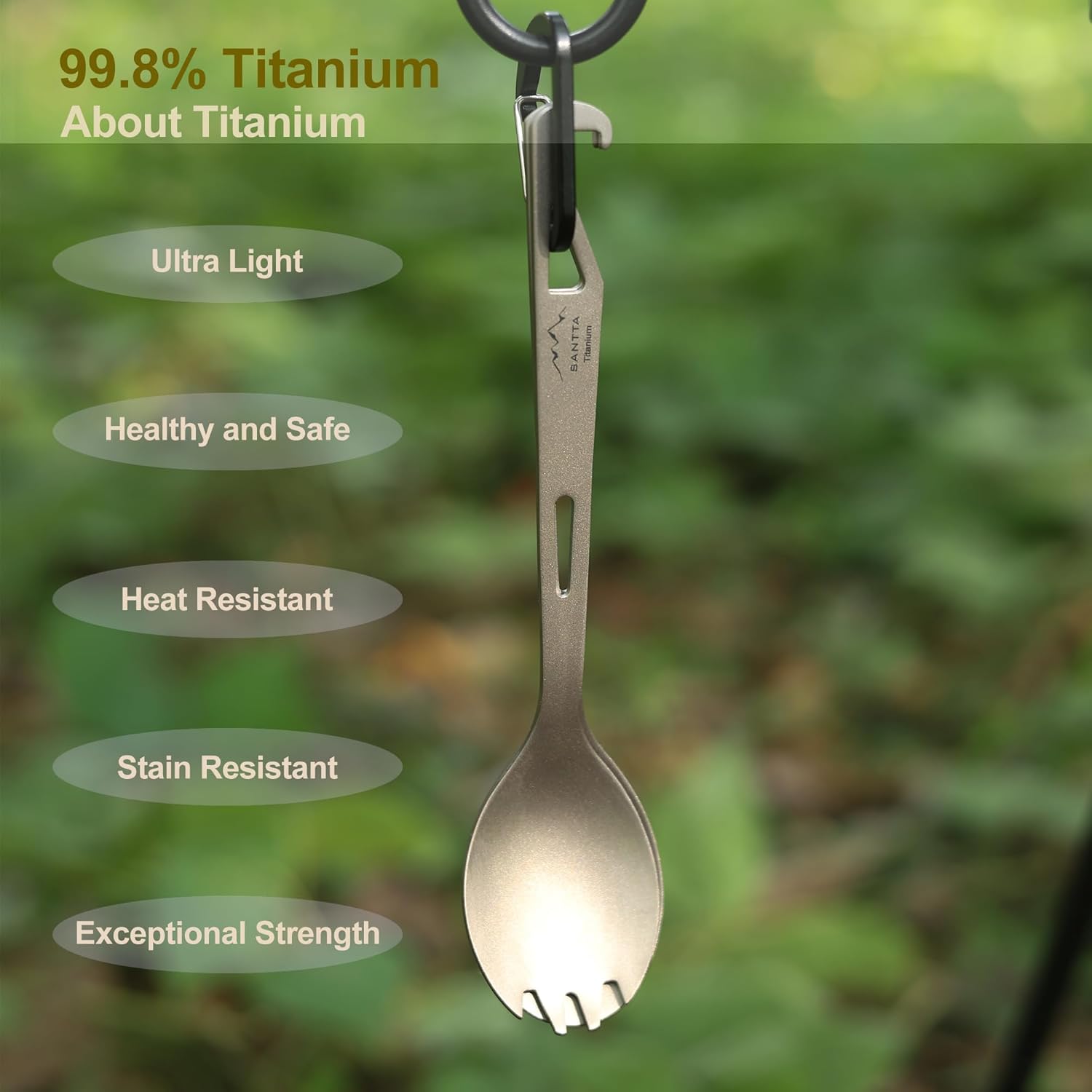 SANTTA Titanium Camping Utensil Set, Titanium(Ti) Spork, Spoon Fork & Bottle Opener Combo Camping Cutlery 2-PC Set