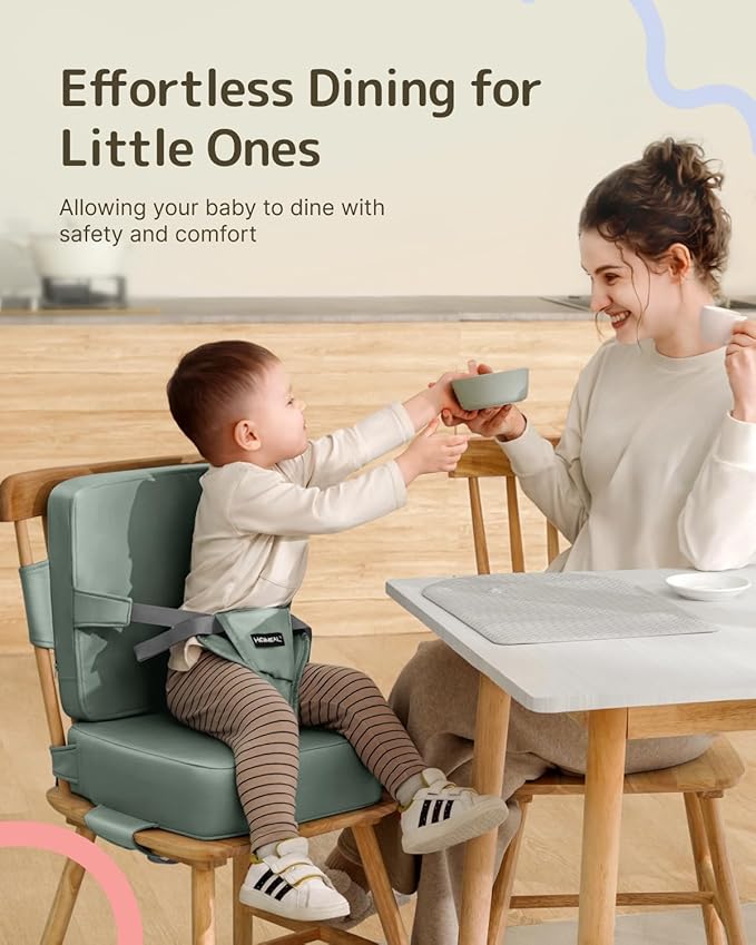 HOMEAL Booster Seat for Dining Table for Toddler Kid Baby, Adjustable Kids Breathable Booster Seat for Kitchen with Backrest and Adjustable Straps, Sage-BubblyBeeBaby