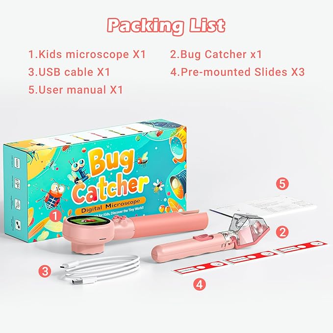 2 in 1 Kids Microscope with Bug Catcher,HD 500X Digital Microscope for Kids with 2" Screen,Photo and Video,STEM Educational Science Kit Learning Toys for Age 3-12 Girls & Boys Birthday Gifts (Pink)-BubblyBeeBaby