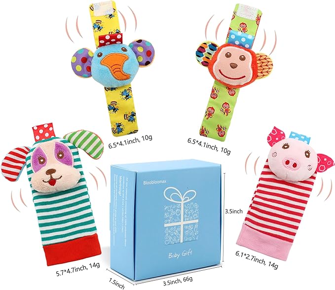 Infant Rattle Socks Toys 0 to 12 Months, Baby Wrist Rattle Foot Finder Socks Set, Birthday Holiday Present for Newborn Boy Girl 0/3/4/6/7/8/9/12/18 Months Kids Toddler, Gift Box Package (4A)-BubblyBeeBaby