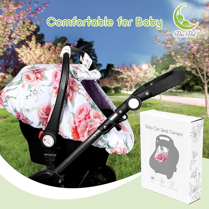 Baby Carseat Cover Girls, Pea Pod Floral Infant Car Seat Covers Canopy for Newborn with 2 Layers Windows of Breathable Mesh/Fabric, Lightweight Polyester/Minky Dot Backing, Snug Fit Most Baby Car Seat-BubblyBeeBaby