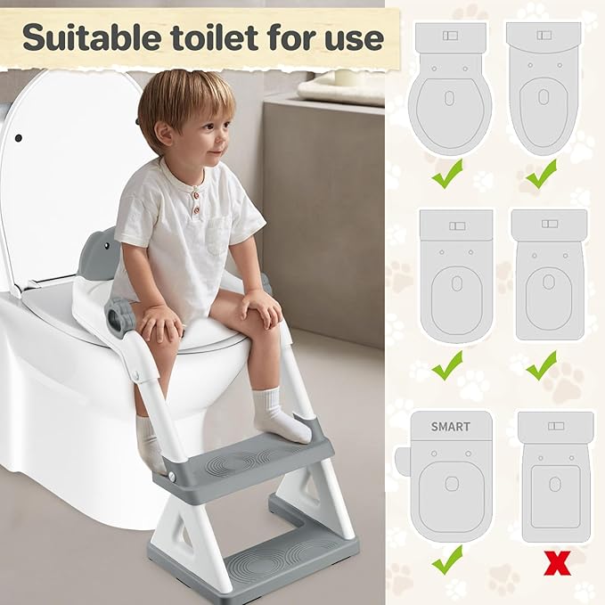 2 In 1 Potty Training Toilet Seat & Toddler Step Stool, Bottom Triangle Stability Toddler Toilet Seat, Adjustable Step & Seat Height Potty Seats (Grey)-BubblyBeeBaby