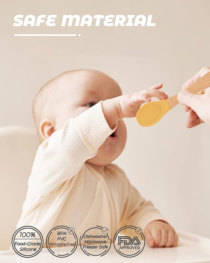 10 pcs Baby Spoons and Forks, First Stage Baby Led Weaning Spoons, Chewable Baby Utensils for Self-Feeding, Bamboo and Silicone Baby Utensils, Kids Utensils for Over 6 Months Babies-BubblyBeeBaby